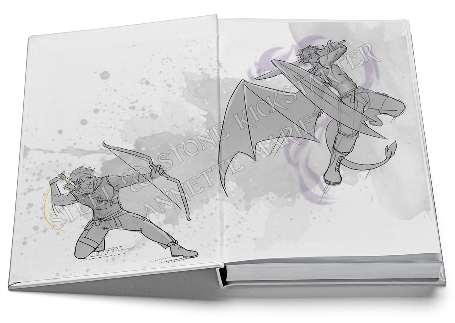illustrated endpaper concept art of ash and lyre in battle